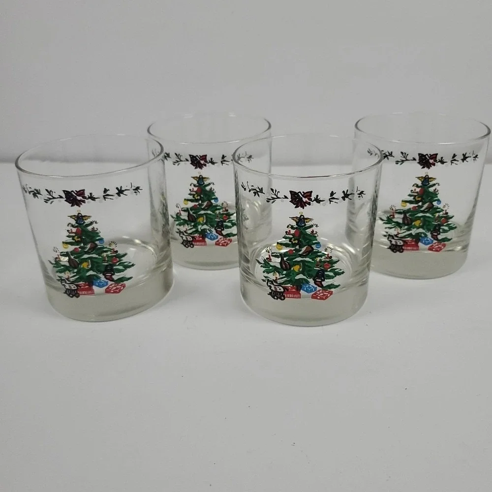 Vintage Libbey Christmas Tree Cocktail Lowball Tumblers Glasses Set Of Four